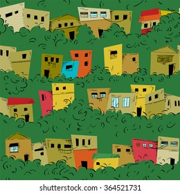 Colorful seamless pattern of slum city. Brazilian favela. Vector background. Eps 8