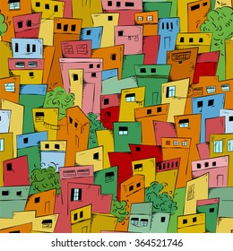 Colorful seamless pattern of slum city. Brazilian favela. Vector background. Eps 8