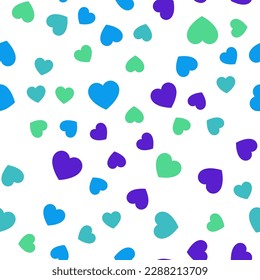 Colorful seamless pattern of small green, turquoise, dark blue hearts. Suitable for printing on textile, fabric, wallpapers, postcards, wrappers