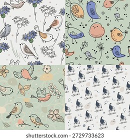 Un patrón inconsútil colorido con los pájaros dibujados a mano Pequeña. Una colección de diseños de aves planas. Un lindo fondo para imprimir en textiles y papel de regalo.