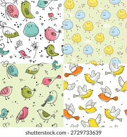 Un patrón inconsútil colorido con los pájaros dibujados a mano Pequeña. Una colección de diseños de aves planas. Un lindo fondo para imprimir.
