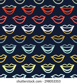 Colorful seamless pattern with smile and lips elements separated by color stripes on dark background.
