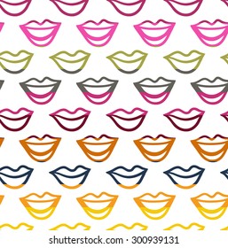 Colorful seamless pattern with smile and lips elements separated by color stripes on white background.