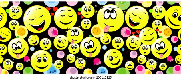 Colorful seamless pattern of smiley on black. Background for web, wallpaper and design.