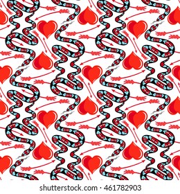 Colorful seamless pattern with snakes, hearts, arrows. Hand drawn design for fashion, textile, fabric, wrapping paper, material, tiles, website wallpaper, background.