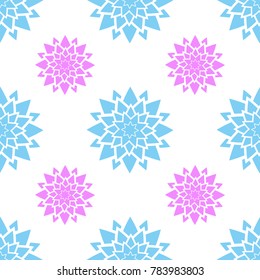 Colorful seamless pattern of snowflakes on a white background. Simple flat vector illustration. For the design of paper wallpaper, fabric, wrapping paper, covers, web sites.