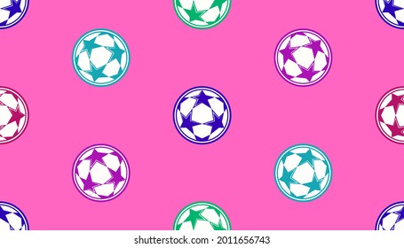 Colorful seamless pattern with soccer balls with stars on the pink background. 