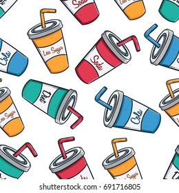 colorful seamless pattern of soda cups with text and using doodle art