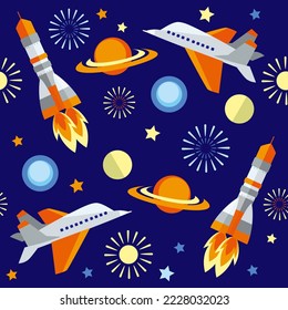 Patrón ininterrumpido colorido con nave espacial, cohete, fondo espacial, estrellas, luna, saturn, planeta de estilo plano. Textura sin fin, fondo. Ilustración del vector