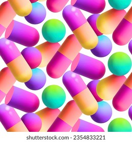 Colorful seamless pattern with spheres, geometric shapes on white background, vector illustration