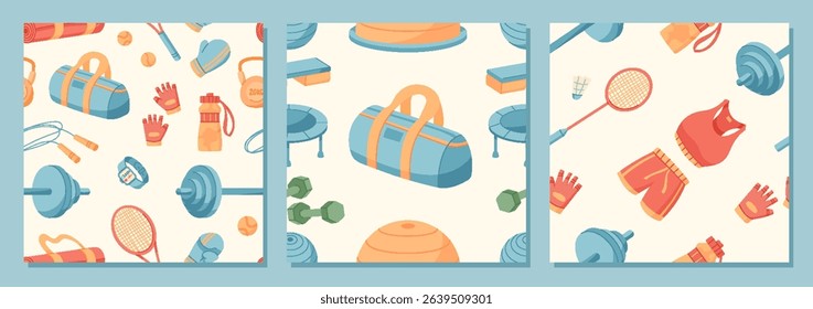 Colorful seamless pattern of sport equipment in flat style set. Training set with gym accessories, workout tools, and fitness gear. Dynamic background for healthy lifestyle decoration and textile.