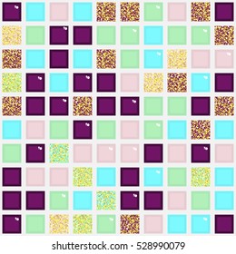 Colorful seamless pattern with square elements. Repetitive abstract pattern with colored and glittery tiles. Vector illustration for your graphic design.