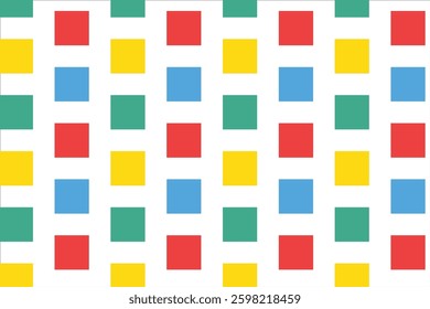 Colorful seamless pattern with square shapes in red, blue, yellow, and green. Ideal for playful backgrounds, textiles, and creative design projects.