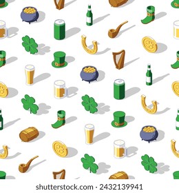 Colorful seamless pattern of St Patricks day isometric icons on transparent background