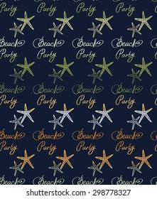 Colorful seamless pattern with starfish and beach summer ocean beach elements separated by color stripes on dark background.