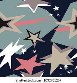 Colorful seamless pattern with stars, spots. Decorative wallpaper, good for printing. Hand drawn overlapping background, texture with decor elements, lines and shapes. Design backdrop vector