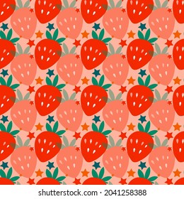 Colorful seamless pattern with strawberries and stars. Vector illustration for wrapping paper, textile and decoration.