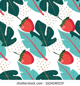 Colorful seamless pattern. Strawberry and leaves on a white background. Vector illustration