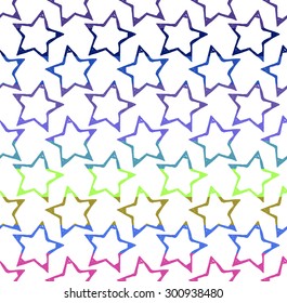 Colorful seamless pattern with stroke star elements separated by color stripes on white background.