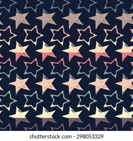 Colorful seamless pattern with stroke and whole star elements separated by color stripes on dark background.