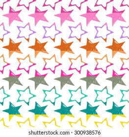 Colorful seamless pattern with stroke and whole star elements separated by color stripes on white background.