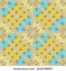 Patrón inconsútil colorido con flores estilizadas amarillas, azules y beige dispuestas en diseño geométrico