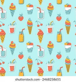 A colorful seamless pattern with summer desserts