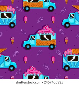 Colorido patrón sin costuras para el verano con camión de helados y dulces sobre fondo violeta para textil o estampado 