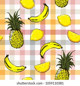 Colorful seamless pattern summer mood beautiful exotic fruits vector with bright check or grid  for wallpaper ,book fashion fabric and all prints.