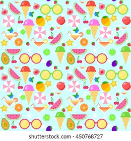 Colorful Seamless Pattern Of Summer Time Fruits / Beach Equipment Collection. Perfect For Book Cover, Wallpaper, Wrapping Paper, Invitation Cards