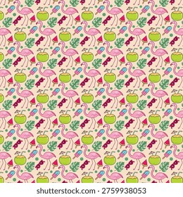 Colorful seamless pattern of summer vacation elements on blue background