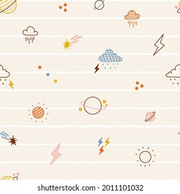 Colorful Seamless Pattern with Sun, Rain Clouds, Lightning, Planet Saturn and Stars. Space Sky Striped Background. Weather Elements. Vector illustration 