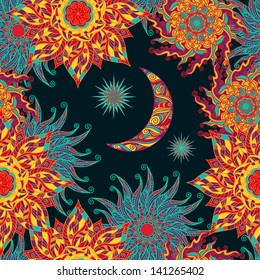 Colorful seamless pattern with sun, stars and  moon - vector