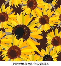 Colorful seamless pattern with sunflowers and yellow petals on brown background. Hand drawn vector art