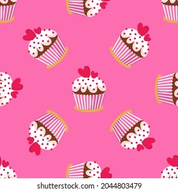 Colorful seamless pattern with sweet delicious cupcakes. Vector illustration