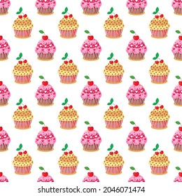 Colorful seamless pattern with sweet delicious cupcakes. Vector illustration