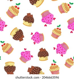 Colorful seamless pattern with sweet delicious cupcakes. Vector illustration