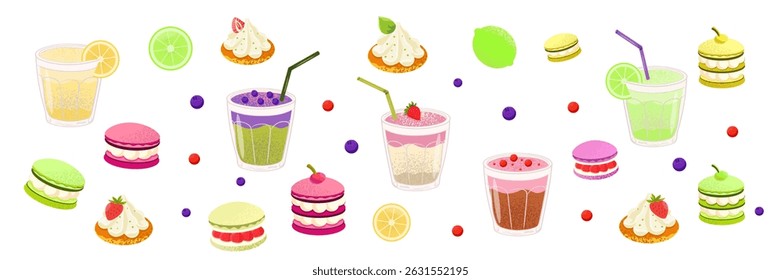 Colorful seamless pattern with sweet desserts and drinks on pink background. Includes vector illustrations of macarons, whipped cream cupcakes, refreshing fruit juices with straws, citrus slices