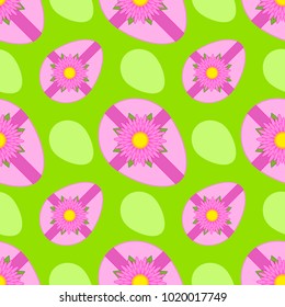 Colorful seamless pattern of sweet Easter eggs tied with ribbon on green background. Simple flat vector illustration. For the design of paper wallpapers, wrapping paper, covers, web site design.