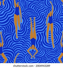 Colorful seamless pattern with swimmers. Swimming women in surreal waves. Creative fabric design, background or wallpaper.