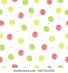 Colorful seamless pattern with swirl candy illustrations in red, green, and yellow tones on a white background. Perfect for holiday packaging, wrapping paper, children’s products, festive backgrounds.
