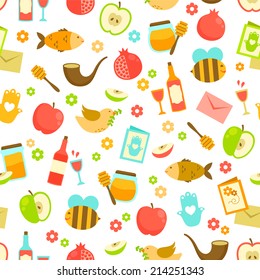 Colorful seamless pattern with symbols of Rosh Hashanah (Jewish New Year)