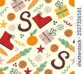 Colorful seamless pattern. Symbols of St. Nicholas Day, Sinterklaas. For fabric prints, wrapping paper, gifts.