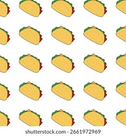  A colorful seamless pattern of tacos arranged diagonally on a white background