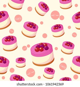 Colorful seamless pattern with tasty cheesecake and berries in cartoon style. Vector illustration. Desserts Collection.