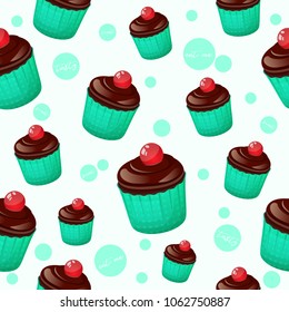 Colorful seamless pattern with tasty chocolate cupcake and jelly ball in cartoon style. Vector illustration. Desserts Collection.