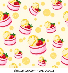 Colorful seamless pattern with tasty ice-cream with berries and mint in cartoon style. Vector illustration. Desserts Collection.