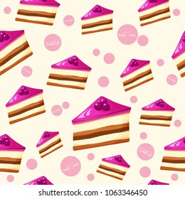 Colorful seamless pattern with tasty piece of berries cake and jelly in cartoon style. Vector illustration. Desserts Collection.