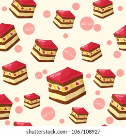 Colorful seamless pattern with tasty piece of cake and jelly in cartoon style. Vector illustration. Desserts Collection.