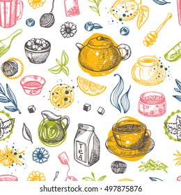 Colorful seamless pattern with tea elements. Hand drawn vector illustration. Can be used for menu, cafe, restaurant, bar, poster, fabric, wrapping paper, banner, scrapbooking and other design.